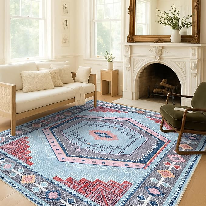 Fame Living Washable Area Rug. Modern Farmhouse. Vintage. Turkish. Bohemian. Distressed. Oriental. Traditional. Rugs for Living Room. Dining. Bedroom. Office. Entryway. Foyer. (856BlM, 9'5" x 14')