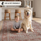 Kuden 8x10 Large Area Rug, Machine Washable Area Rug with Non-Slip Backing, Vintage Style, Soft, Easy Clean, Low Pile Rug for Living Room, Bedroom, Dining Room