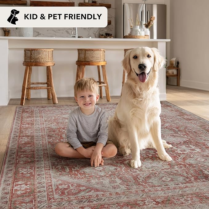 Kuden 9x12 Large Area Rug, Machine Washable Area Rug with Non-Slip Backing, Vintage Style, Soft, Easy Clean, Low Pile Rug for Living Room, Bedroom, Dining Room
