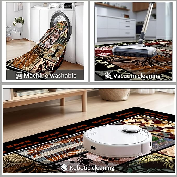 Rustic Cabin Area Rug 2x3ft, Animal & Moroccan Plaid Pattern Vintage Boho Carpet, Stain-Resistant Pet-Friendly & Non-Slip Low Pile for Living Room, Bedroom, Dining Room