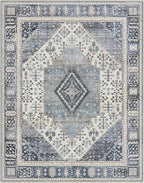 GENIMO 8x10 Area Rugs for Living Room, Machine Washable Non Slip Vintage Rugs, Low Pile Lightweight Chenille Print Rug for Bedroom, Dining Room, Home Office, Navy/Cream