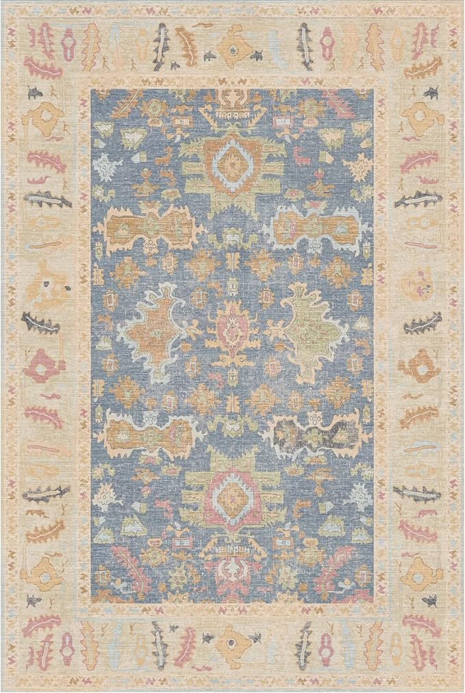 Kuden 10x14 Large Area Rug, Machine Washable Area Rug with Non-Slip Backing, Vintage Style, Soft, Easy Clean, Low Pile Rug for Living Room, Bedroom, Dining Room