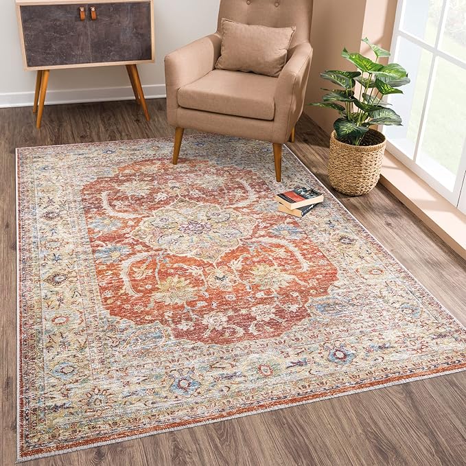 Bloom Rugs Caria Washable Non-Slip 9x12 Rug - Orange/Olive Beige Traditional Area Rug for Living Room, Bedroom, Dining Room, and Kitchen - Exact Size: 9' x 12'