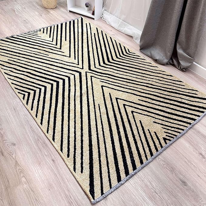 Alfa Rich 3x5 Geometric Beige Black Washable Area Rugs for Living Room Bedroom Kitchen Cotton Runner