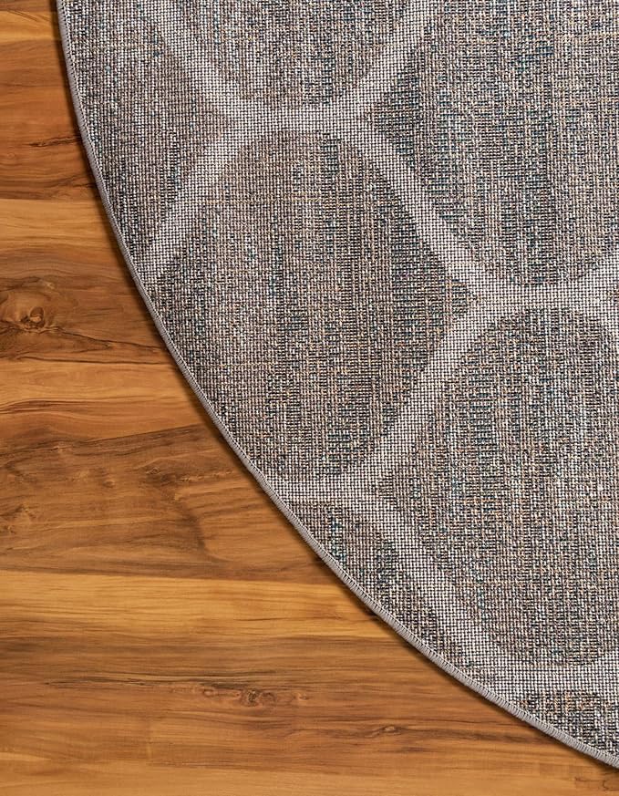 Rugs.com Lattice Frieze Collection Rug – 7' Round Blue Multi Medium Rug Perfect for Kitchens, Dining Rooms
