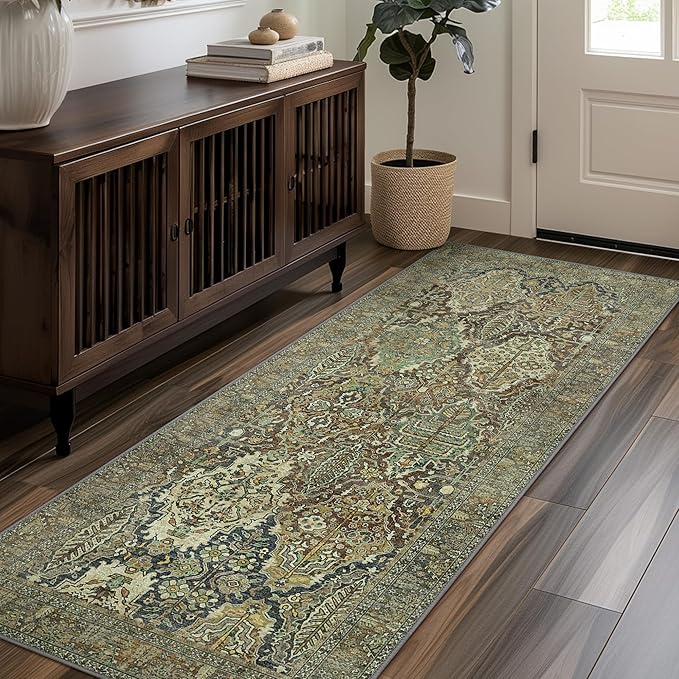 2x7 Runner Rug Machine Washable Boho Runners for Hallway,Ultra-Thin Low Pile Rug,Lightweight Indoor Carpet,Non Slip Floral Runners for Enrtyway, Corridor, Home Office, Kitchen,Sage Green