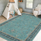 Washable 5x8 Teal Rug for Living Room, Boho Area Rugs for Bedroom Under Bed, Modern Floral Low-Pile Non Skid Carpet for Dining Room Under Table, Stain Resistant Vintage Home Décor