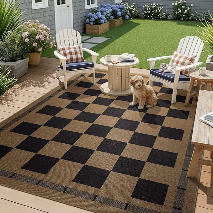 Checkered Jute Rugs, 6x9 Large Washable Outdoor Patio Rug, Living Room Bedroom Dining Room Indoor Carpet, Non Slip Modern Farmhouse Design Neutral Geometric Porch Classroom Mat, Black and Brown
