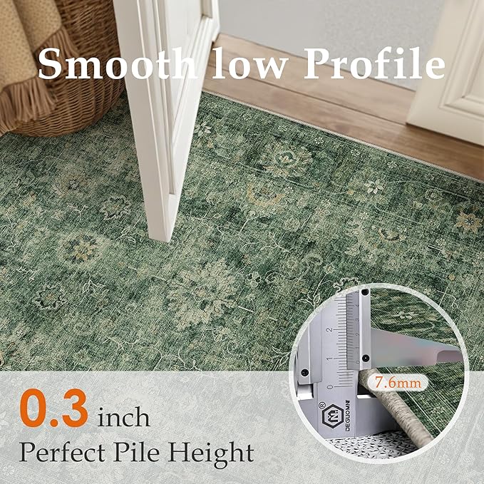 8x10 Washable Area Rug for Living Room Bedroom Green Vintage Distressed Rustic Large Carpet Non-Slip Low Pile Lightweight Vacuumable Soft Throw Rug for Indoor Dining Room