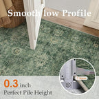 2x8 Washable Runner Rug for Kitchen Hallway Green Vintage Non-Slip Low Pile Distressed Rustic Carpet Lightweight Vacuumable Soft Long Throw Rug for Entryway Bedroom