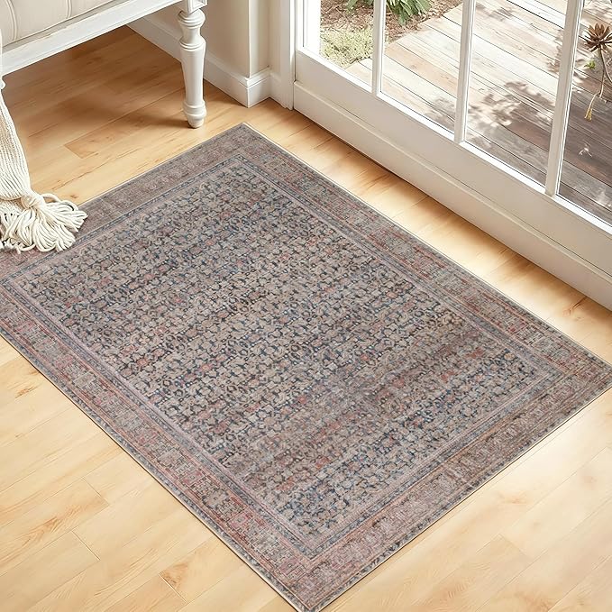 Kuden Area Rug, Machine Washable, Non-Slip Backing, Vintage Style, Soft, Low Pile, Perfect for Living Room, Bedroom, Kitchen, Dining Room - [2x3, Blue/Red]