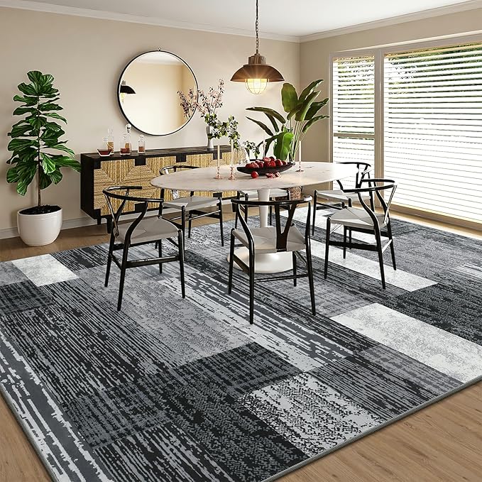 Large Area Rugs,Modern Geometric Patchwork Floor Decor for Bedroom Aesthetic Carpet, Rockwood Collection, Indoor Rugs for Living Room, Dining Room, Nursery, Office, Machine Washable Rug,4x6 Ft Grey