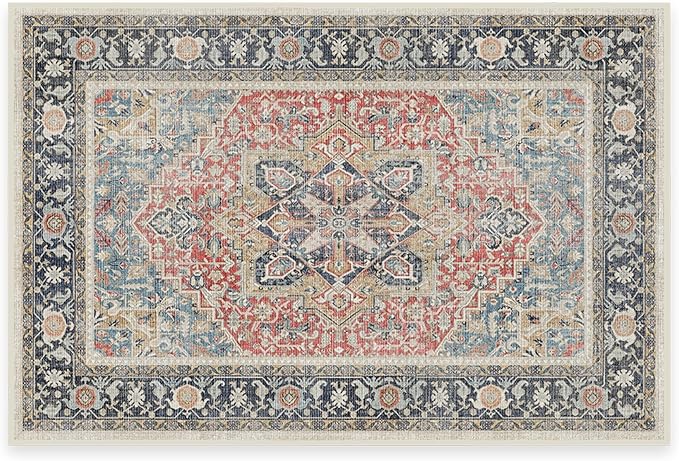 RUGGABLE Washable Vintage Area Rug – Kamran Cayenne Red 2x3, Stain-Resistant, Non-Slip – Small Machine Washable Rugs for Living Room, Bedroom, Hallway, Entryway & Bathroom–with Standard Pad