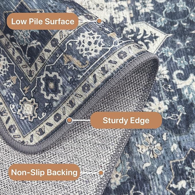 GENIMO 5x7 Area Rugs for Living Room, Machine Washable Vintage Non Slip Rugs, Low Pile Lightweight Chenille Print Rug for Bedroom, Dining Room, Home Office, Center Blue