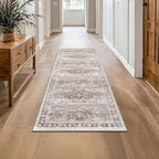 Boho 2x7 Long Runner, Neutral Farmhouse Hallway Rug, Small Throw Runners for Bedroom, Bathroom, Kitchen, Vintage Floral Decor & Non-Slip Low-Pile Washable Stain Resistant, Latte Beige