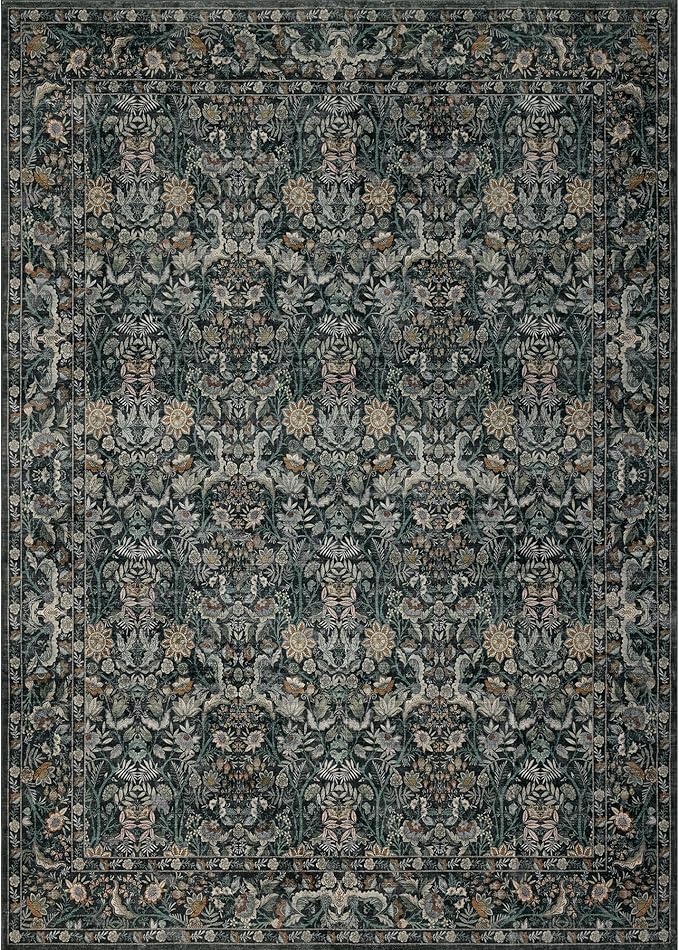 Washable Living Room Rug: 8x10 Boho Floral Soft Area Rug for Bedroom Decor - Vintage Low Pile Thin Carpet for Dining Room Non-Slip - Farmhouse Stain Resistant Rugs - Dark Green