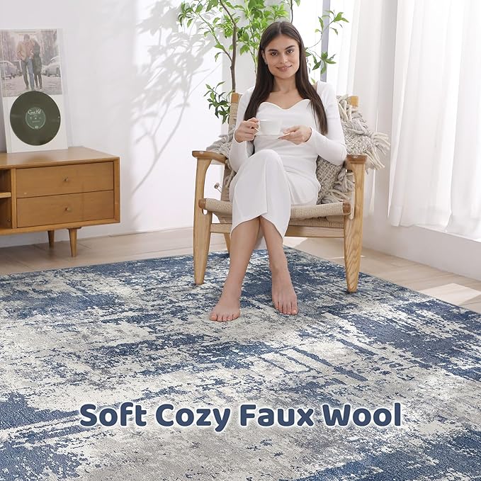 8x10 Area Rugs Living Room: Washable Large Abstract Modern Soft Rug Stain Resistant Indoor Floor Non Slip Accent Carpet for Bedroom Nursery Playroom Dining Room Office Dorm Home House- Navy Grey