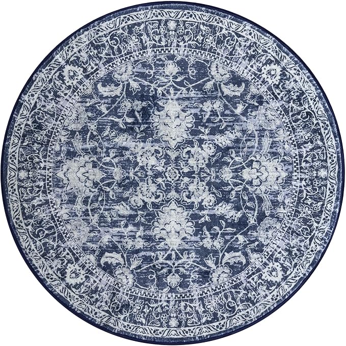 KILOCOCO Area Rug 5ft Round Living Room Rug Washable Printed Vintage Floral Bedroom Rugs Non Slip Entryway Rugs for Kitchen Dining Room Laundry Room Playroom, Blue