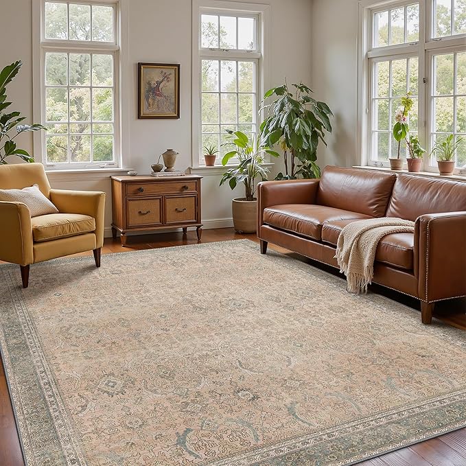 6x9 Area Rug Machine Washable Boho Rug for Living Room,Ultra-Thin Low Pile Carpet,Lightweight Indoor Printed Rug,Non Slip Floral Area Rug for Bedroom, Dining Room, Home Office,Light Beige