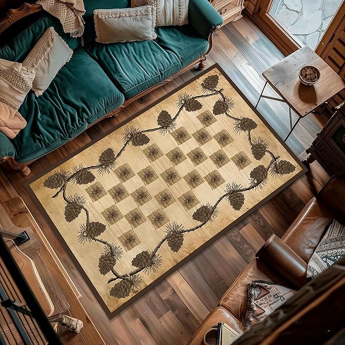 Vintage Plaid Area Rug 6x8ft Rustic Cabin Pine Cone Branches Lattice Pattern Rug Country Lodge Nature Plants Rugs, Soft Floor Rug Non-Skid Carpets for Living Room Farmhouse Indoor Floor Mat