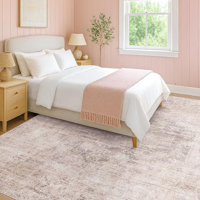 Modern 10x12 Area Rug for Living Room - Large Bedroom Rug Under Bed, Pink and White Distressed Medallion Pattern, Ultra Soft Washable Non Slip Lightweight Thin Foldable