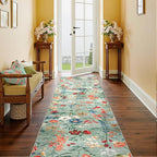 Floral Runner Rug 3x8 Washable Hallway Long Green Bedroom Carpet Non Slip Indoor Boho Kitchen Low Pile Accent Rug Lightweight Soft for Bathroom Dining Laundry Living Room