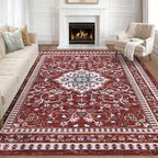 Luxury 8' x 10' Red Washable Area Rugs, Boho Low Pile Easy Clean Non-Slip Rug, Floral Medallion Pattern Vintage Rugs for Living Room, Dinning Room, Office, Bedroom, Bathroom, Laundry Room, Farmhouse