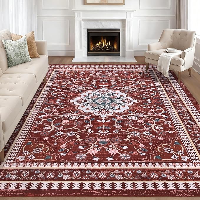 Luxury 8' x 10' Red Washable Area Rugs, Boho Low Pile Easy Clean Non-Slip Rug, Floral Medallion Pattern Vintage Rugs for Living Room, Dinning Room, Office, Bedroom, Bathroom, Laundry Room, Farmhouse