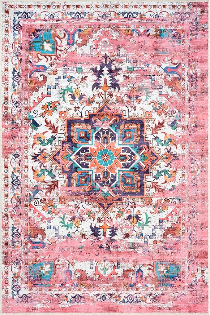 GLN Rugs Traditional Collection - Machine Washable Area Rug, Traditional Washable, Non Slip, Low Pile Chenille Rug, Living Room, Bedroom, Kitchen Rug (9' x 12' Pink/Multicolor)