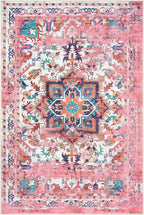 GLN Rugs Traditional Collection - Machine Washable Area Rug, Traditional Washable, Non Slip, Low Pile Chenille Rug, Living Room, Bedroom, Kitchen Rug (3' x 5' Pink/Multicolor)