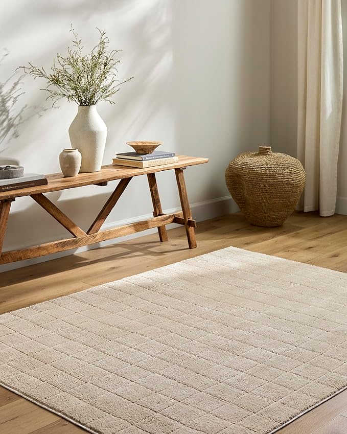 Livabliss x Our PNW Home Cascade Minimalist Grid Area Rug, 6'7" x 9', Light Beige