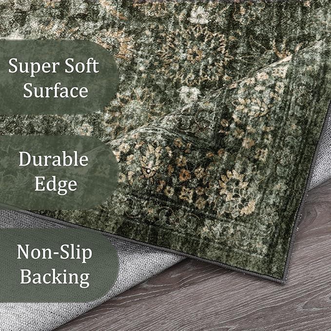 Morebes Vintage 2x10 Runner Rug for Hallway Non Slip,Washable Kitchen Runner Rug for Entryway Indoor,Super Soft Faux Wool Rug for Farmhouse Dining Room Indoor Playroom, Dark Green