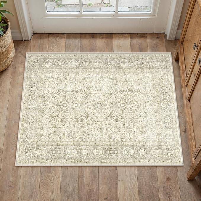 Beige Entryway Rug 2x3 Vintage Area Carpet Indoor Kitchen Washable Door Mat Living Room Entrance Small Low Pile Traditional Distressed Retro Accent Throw Rug Non Slip Office Bathroom
