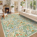 9x12 Grass Green Vintage Floral Area Rug,Washable Large Boho Living Room Rugs,Botanical Print Non-Slip Stain Resistant Lightweight Carpet for Bedroom Dining Room Nursery