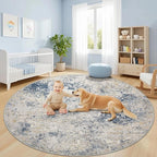 6ft Washable Round Rug - 6x6 Area Rugs Modern Abstract Rugs for Living Room Non-Slip Low Pile Soft Machine Washable Carpet for Bedroom, Living Room, Dining Room, Nursery, Farmhouse (6'x6' Beige Blue)