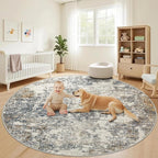 8ft Washable Round Rug - 8x8 Area Rugs Modern Abstract Rugs for Living Room Non-Slip Low Pile Soft Machine Washable Carpet for Bedroom, Living Room, Dining Room, Nursery, Farmhouse (8'x8' Tan Blue)