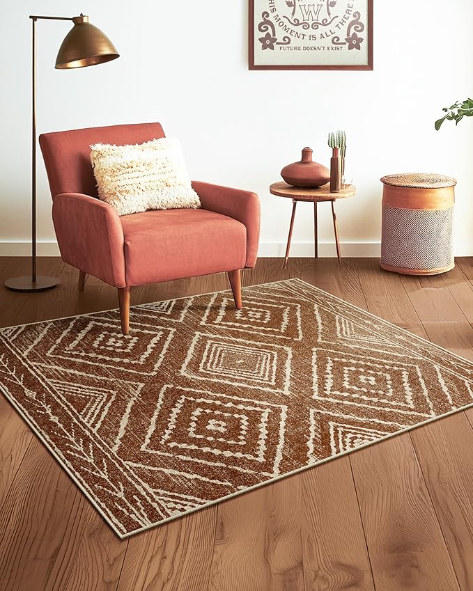 Area Rug 2x4 Rug Machine Washable Non-Slip Low Pile Print Pattern Western Rug for Living Room Bedroom Entryway Tribal Series-Yellowbrown/Cream