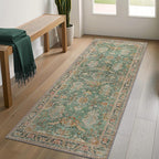 3x5 Rug Washable Small Area Rug Non Slip for Entryway Bedroom Bathroom Kitchen, Boho Green Rug, Thin Low Pile Foldable Carpet, Vintage Farmhouse, Dark Sage/Gold