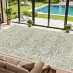 Extra Large 10x14 Area Rug for Living Room, Washable Rugs for Dining Room, Bedroom, Non Slip Stain Resistant Carpet, Low Pile Vintage Floral Rug (Beige Blue)