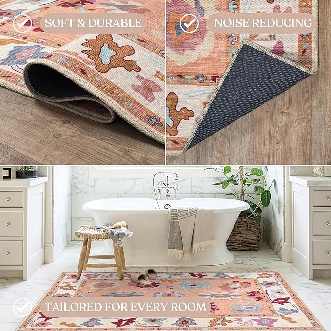 Fame Living Orange Oushak Rug, Modern, Vintage, Turkish, Eclectic, Floral, Pastel, Washable, Extra Large Area Rugs for Living Room, Dining, Bedroom, Lounge, 9'x12'