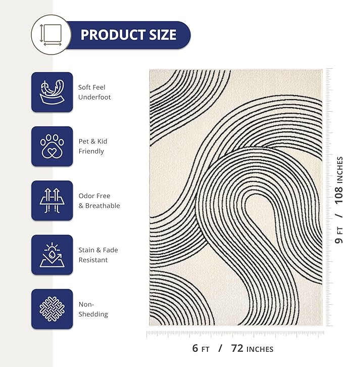 Abani Nuevo Beige Black Swirls Modern Area Rug 6' x 9' for Living Room, Bedroom - Abstract Design - Durable & Easy to Clean