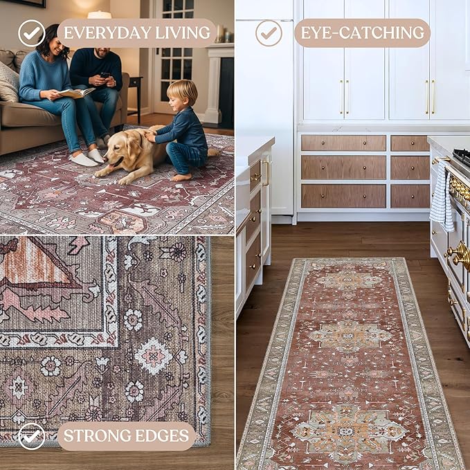 Washable Area Rug. Modern Farmhouse. Vintage. Turkish. Bohemian. Distressed. Oriental. Traditional. Rugs for Living Room. Dining. Bedroom. Office. Entryway. Foyer. (857RB, 2'5" x 6'5")