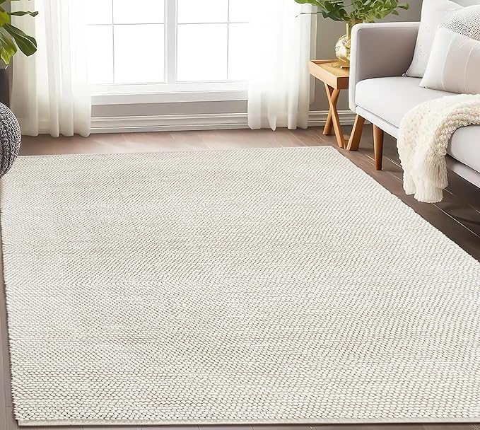Handwoven Wool Cotton Blend Area Rug 8x10', Textured Popcorn Braided Ivory Rug, Soft Thick Farmhouse Contemporary Living Room Carpet, Neutral Modern Decorative Floor Rug