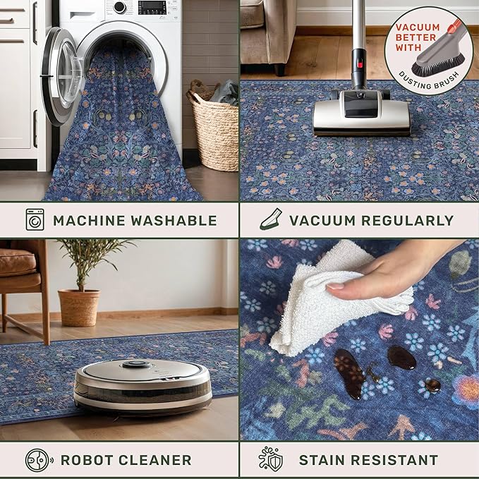 Non Slip 2x5 Dark Blue Entryway Runner Rug - Washable Small Throw Rugs for Bathroom, Bedroom, Laundry Room, Hallway, Kitchen Floor Mat, Dusky Navy Vintage Oriental Décor