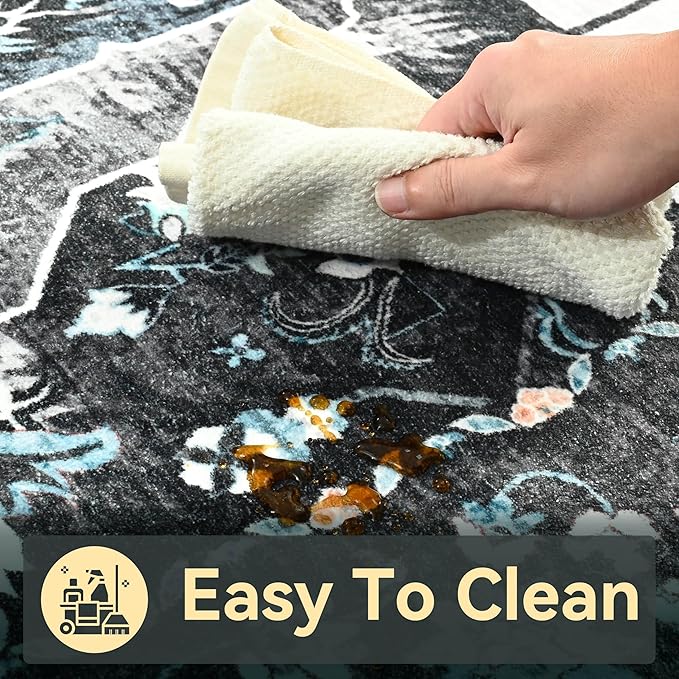 YJ.GWL Area Rugs for Living Room 8x10 Machine Washable Rugs, Non Slip Floral Vintage Rug Indoor Carpet, Stain Resistant Large Rug for Bedroom Dining Room, Black Grey Blue