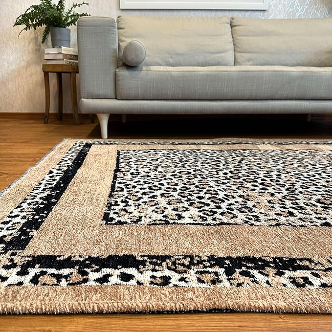 Alfa Rich 3x5 Leopard Beige Black Washable Area Rugs for Living Room Bedroom Reversible Rug Runner