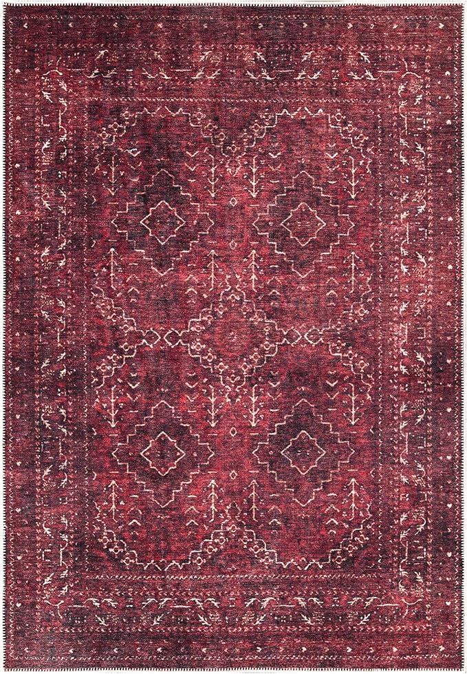 Bloom Rugs Washable Non-Slip 6' x 9' Rug - Dark Red Traditional Bordered Area Rug for Living Room, Bedroom, Dining Room, and Kitchen - Exact Size: 6' x 9'