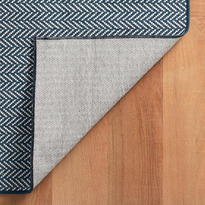 Dash & Albert Herringbone Navy Machine Washable Rug, 9.5 X 13.5 Feet, Blue Geometric Pattern