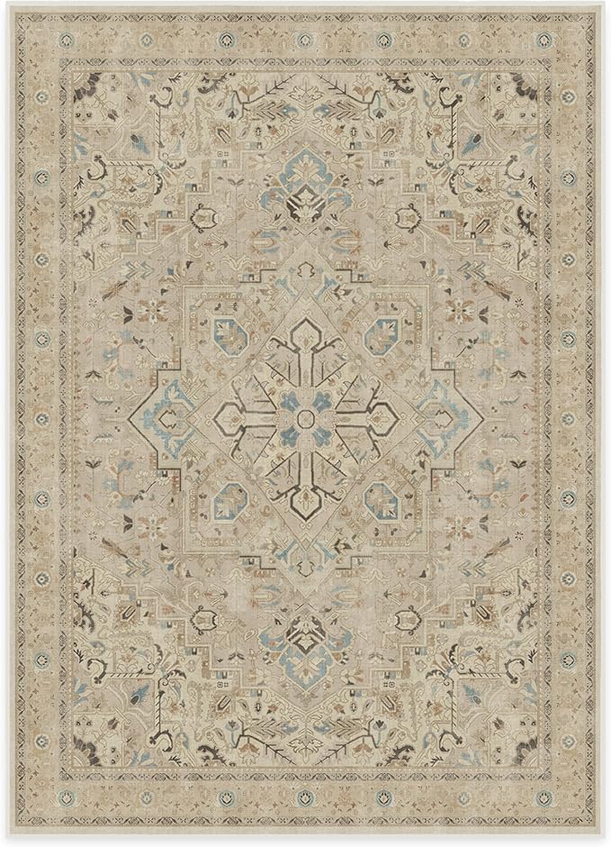 RUGGABLE Washable Vintage Area Rug – Kamran Ivory Opal 10x14, Stain-Resistant, Non-Slip – Large Machine Washable Rugs for Living Room, Bedroom, Hallway, Entryway & Office–with Cushioned Pad