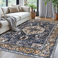 KOZYFLY Boho Area Rug 5x7 Ft Thin Rugs for Living Room Washable Bedroom Rug Non Slip Rugs Gold Navy Printed Faux Wool Vintage Bedroom Rug Floor Carpet for Dining Room Living Room